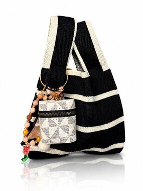 Woven Black & White Handbag with Bag Charm Set